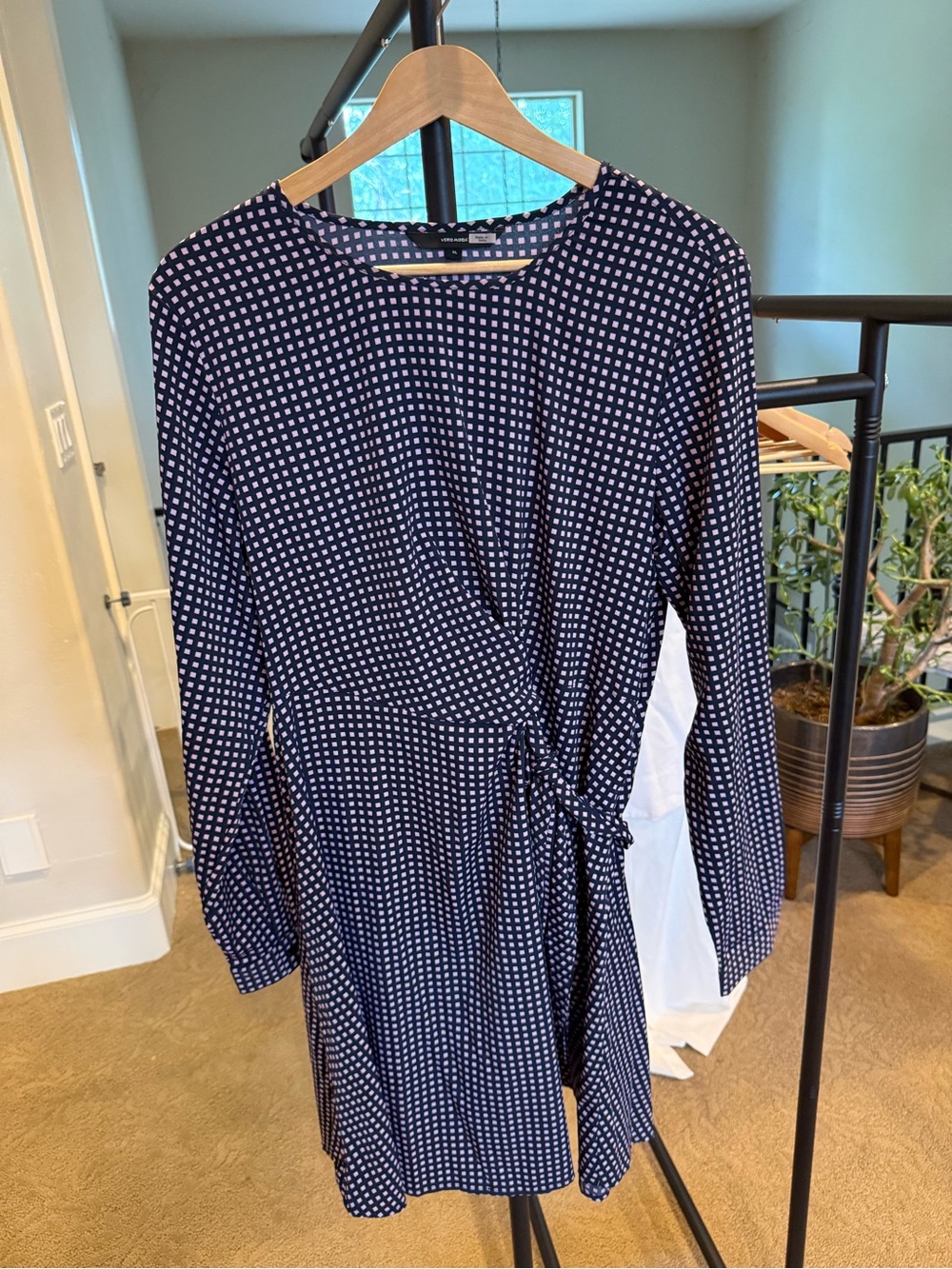 Vero Moda Navy and White Polka Dot Long Sleeve Tie-Waist Dress